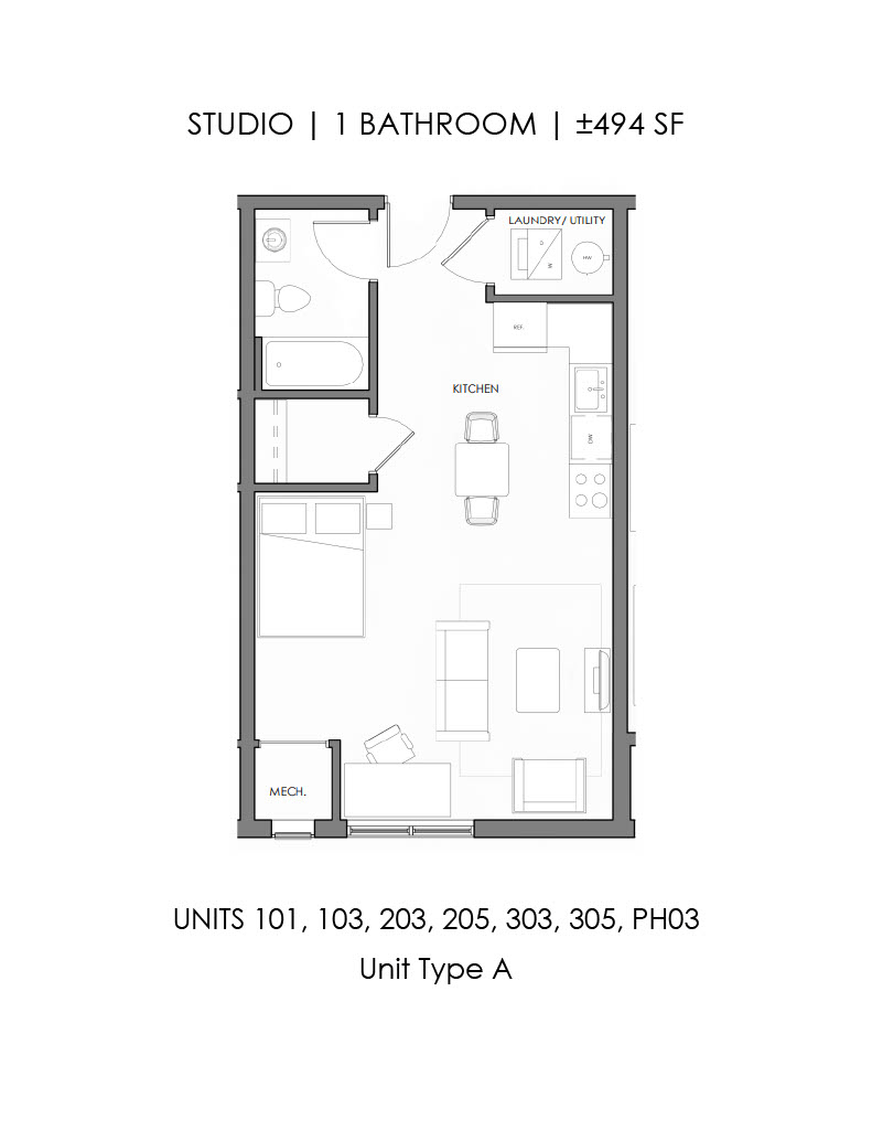 Floor plan for studio, 1 bath, 494 sqft
